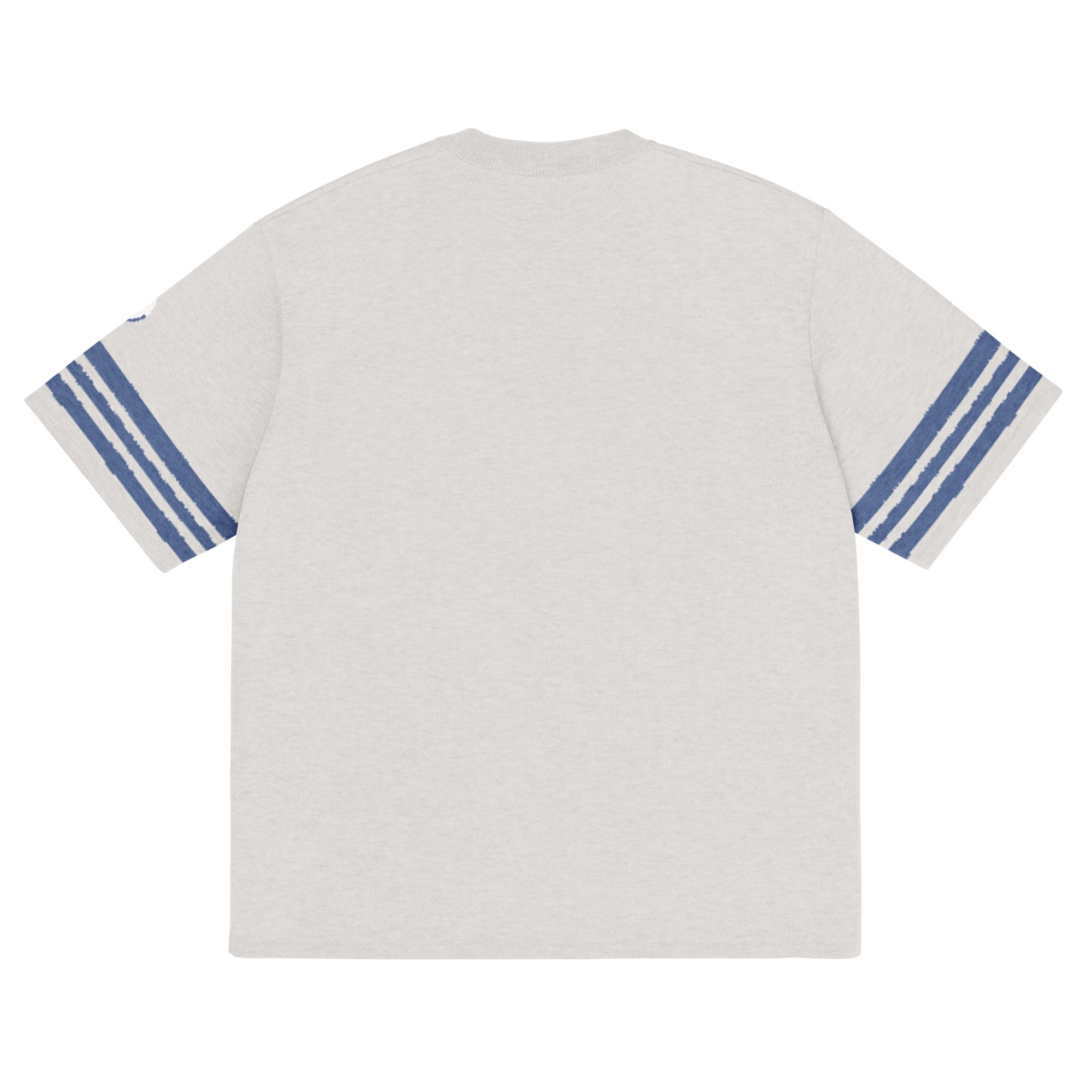 Back of Off-white knitted t-shirt with blue stripes on sleeves, Carl & Lyn logo on left sleeve