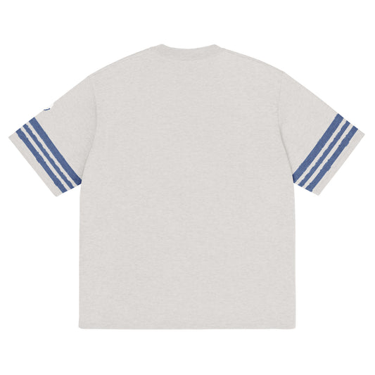Back of Off-white knitted t-shirt with blue stripes on sleeves, Carl & Lyn logo on left sleeve