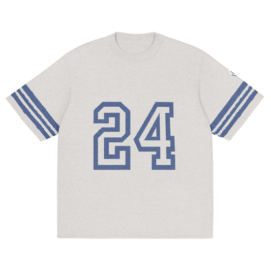 Front of short-sleeve, Off-white knitted t-shirt with blue number 24, blue stripes on sleeves, and Carl &n Lyn logo on left sleeve