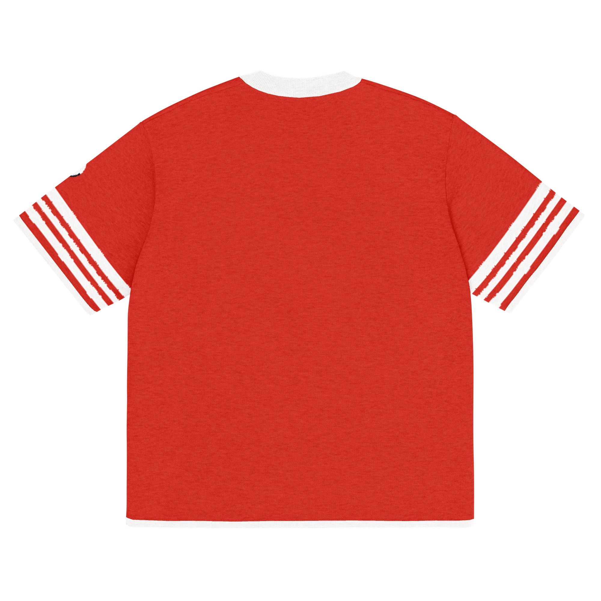 Back of Red t-shirt with white accent stripes on short sleeves