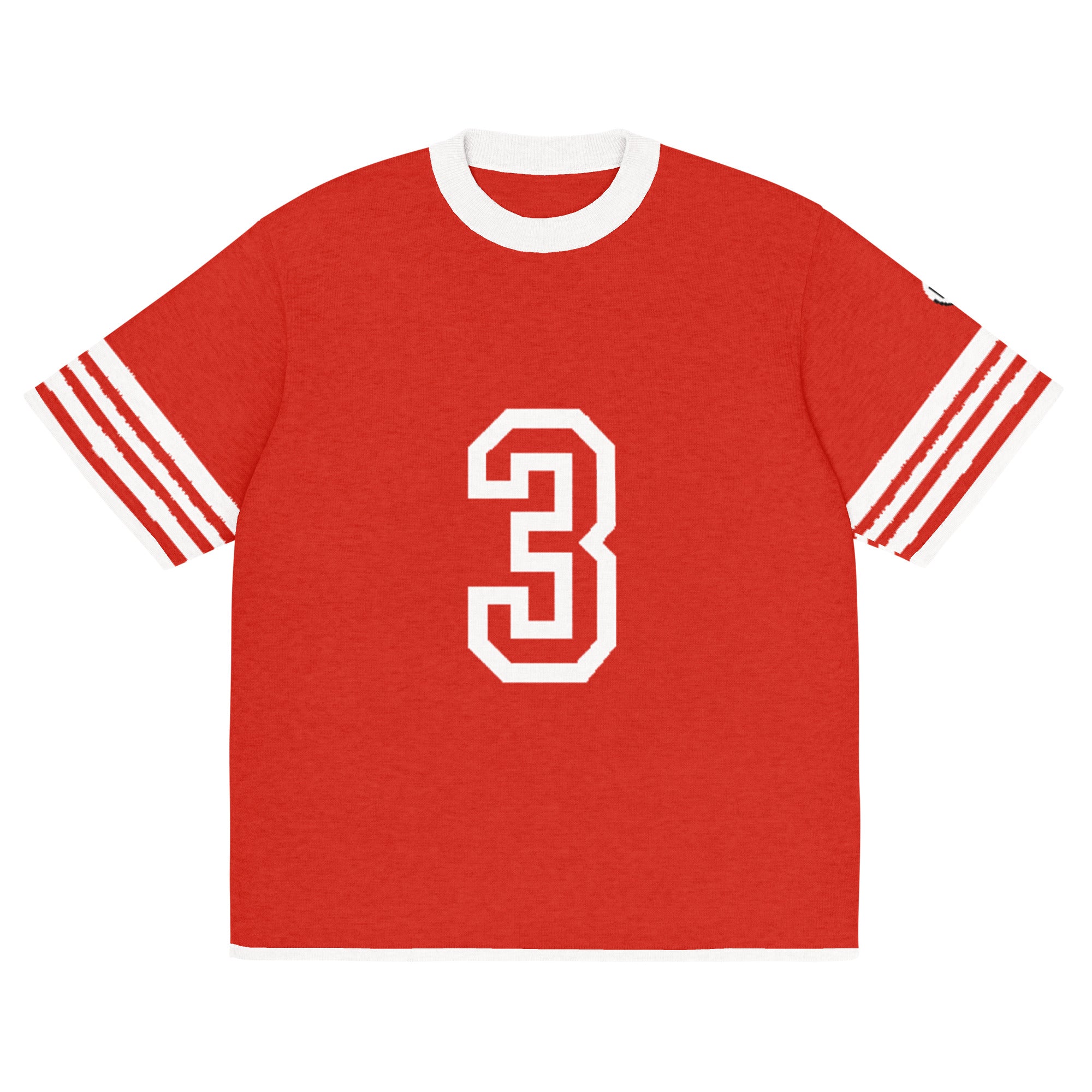Front of Red t-shirt with number 3 and white stripe accents on short sleeves