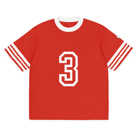 Front of Red t-shirt with number 3 and white stripe accents on short sleeves