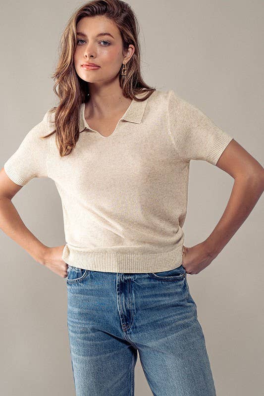 Ribbed Tencel Blend Classic Statement Polo Tee Blouse by Urban Daizy