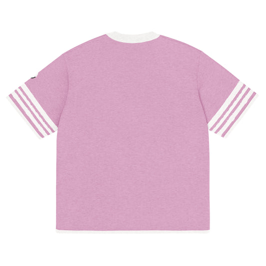 Back of Pink knitted t-shirt with white stripes on sleeves