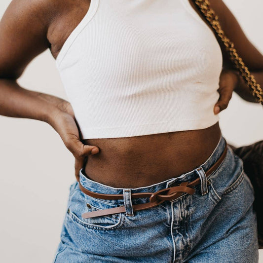Brown Lydia Vegan Leather Belt Belt by Pretty Simple front on model tied