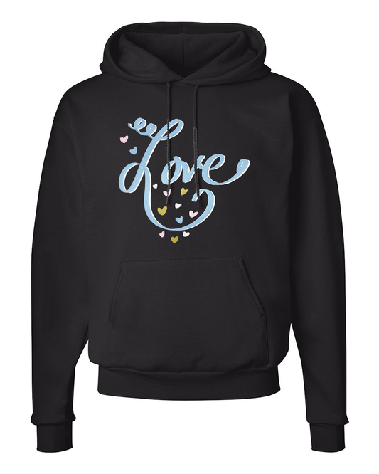 Mockup of front of Black hoodie with 'love' text and heart designs in blue, and other colors