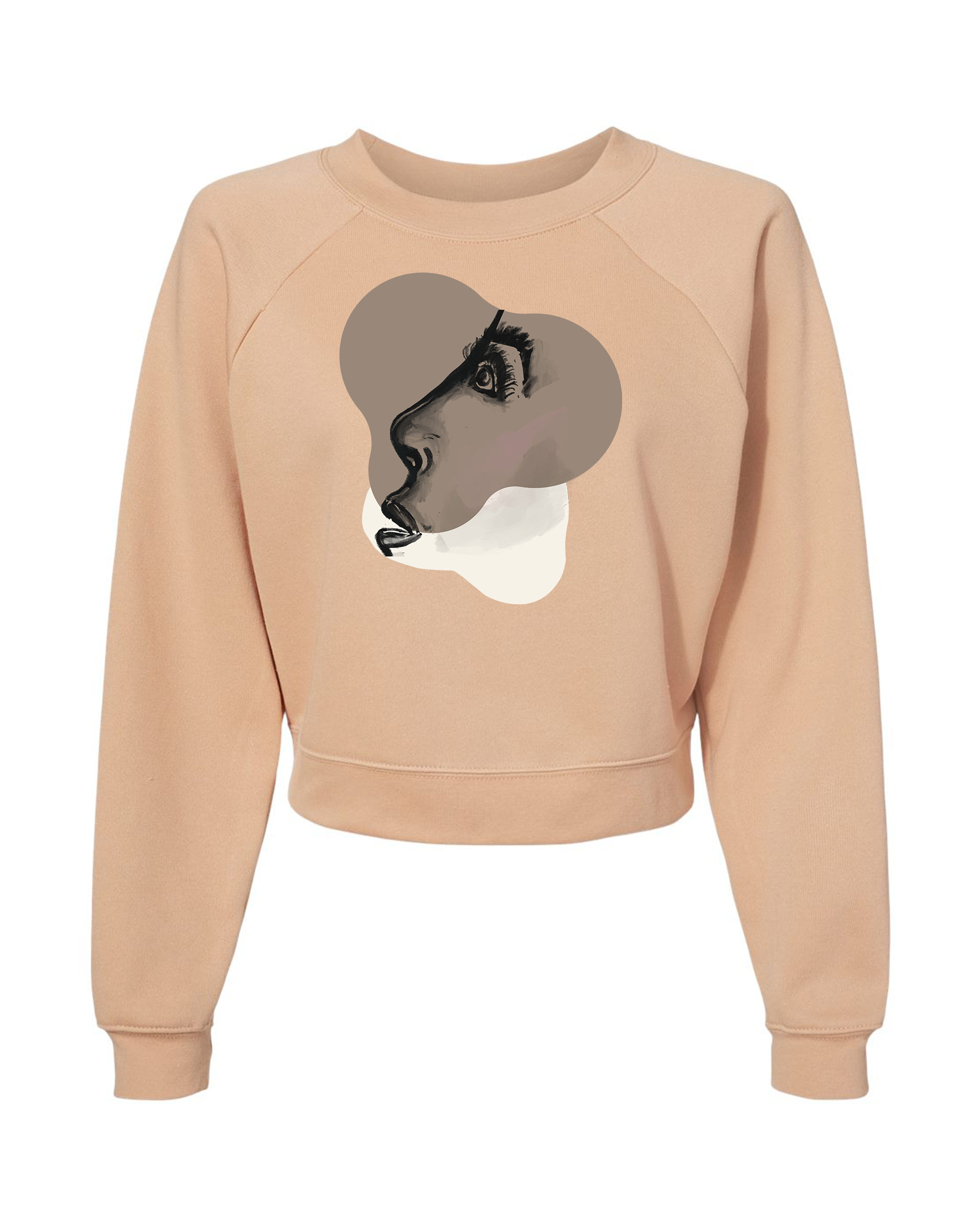 Front of Sandy Beige sweatshirt with a graphic of a face profile with abstract shapes