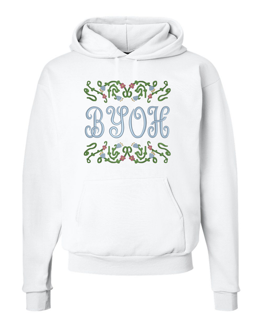Front of White EcoHoodie with 'BYOH' text and floral designs