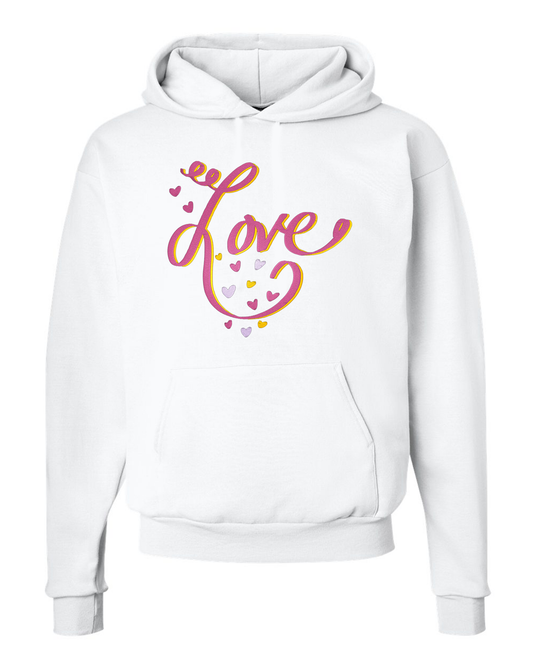 Mockup of front of White hoodie with 'love' text and heart designs in pinks and other colors