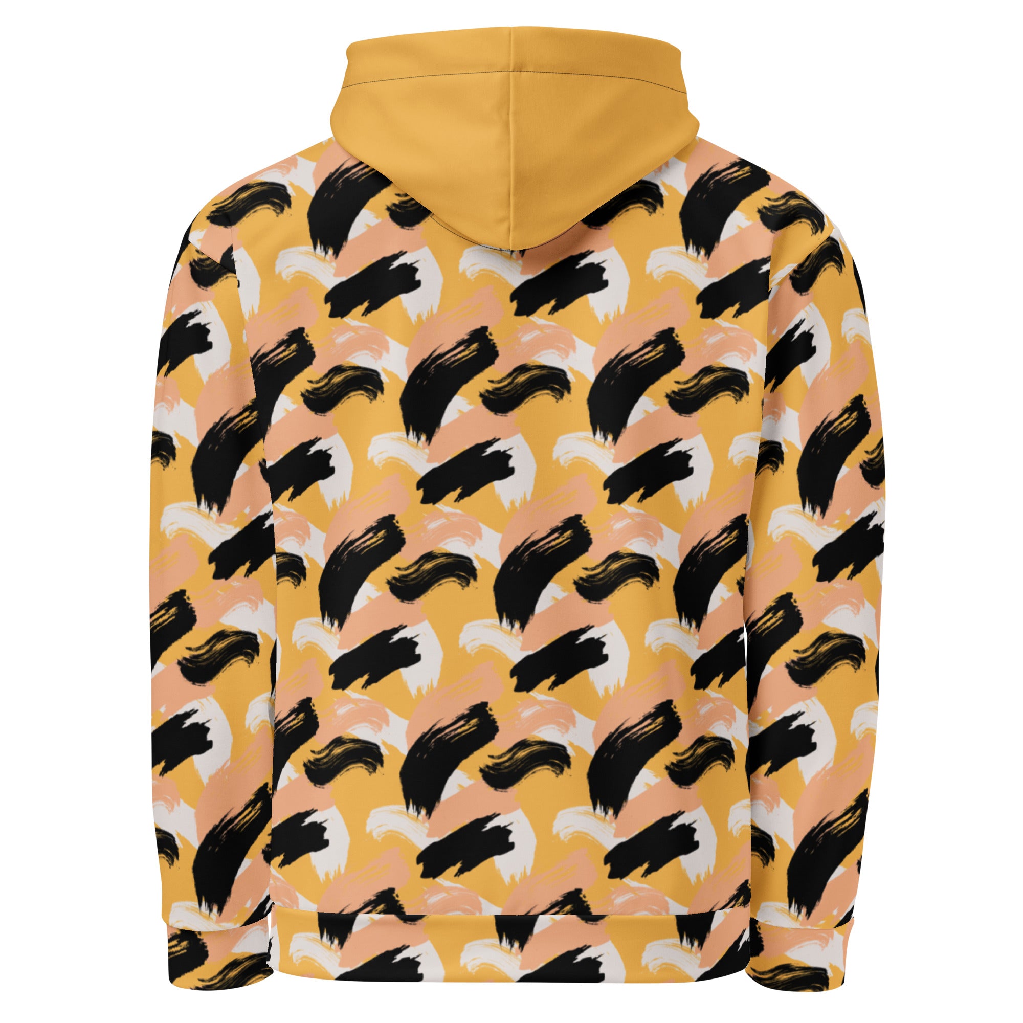 Back of yellow Hoodie with abstract brush stroke pattern 