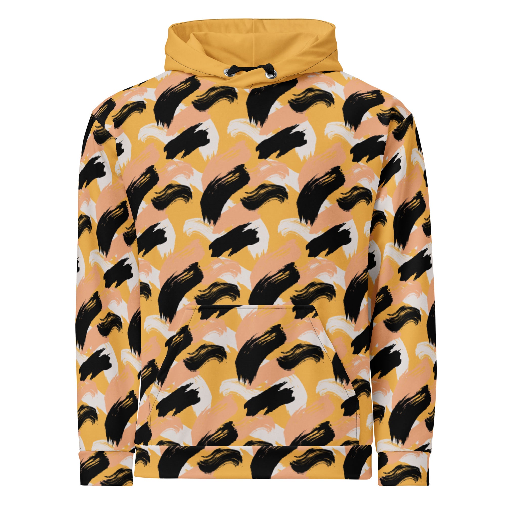 front of Hoodie with black abstract pattern on a yellow background