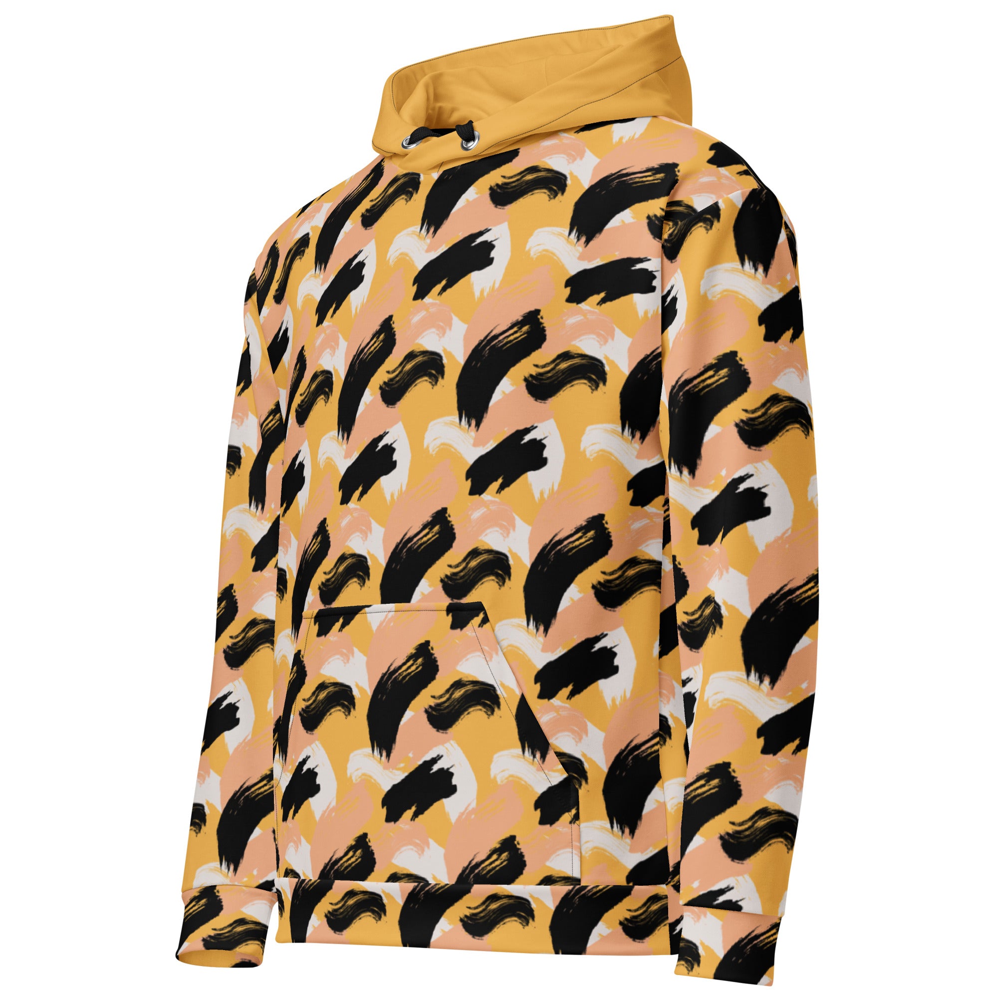 Front left of yellow Hoodie with black abstract pattern 