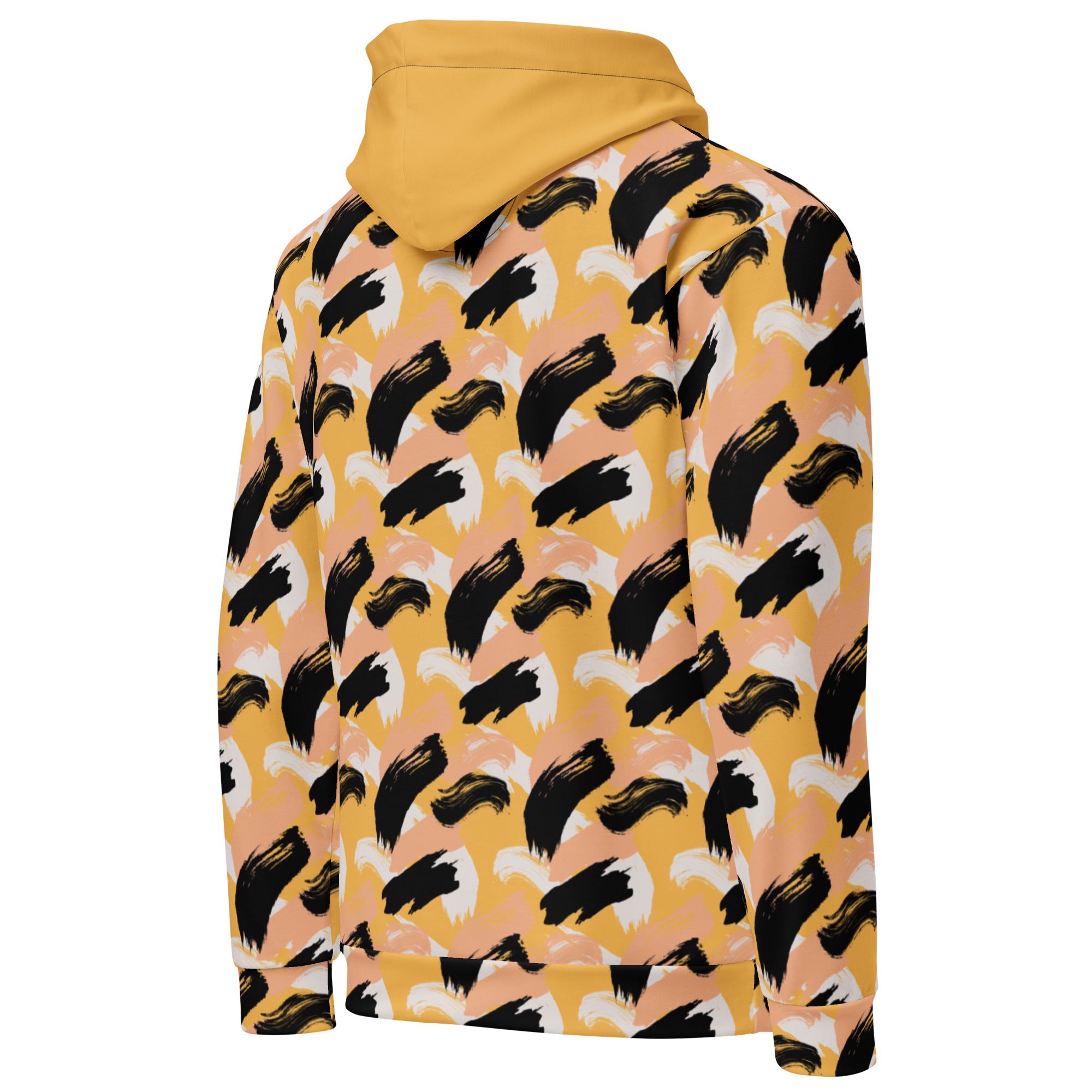 Back right of yellow Hoodie with abstract pattern 