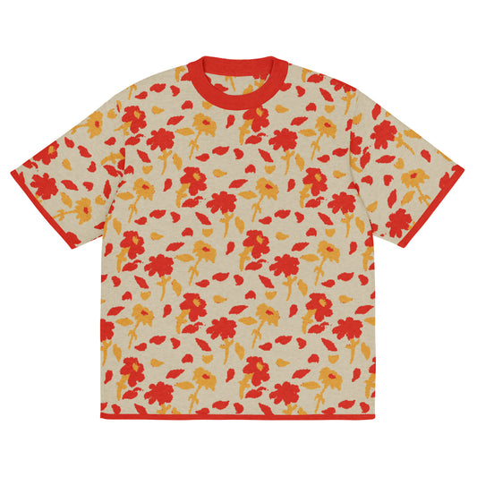 Front of beige knitted tee with  red and yellow Floral pattern