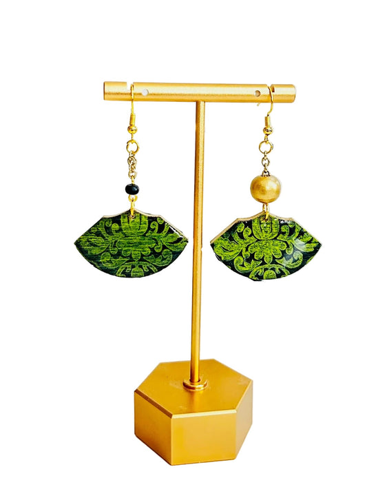 Daring Damask Detail Wood Earrings Earrings by Carl & Lyn front on gold earring stand