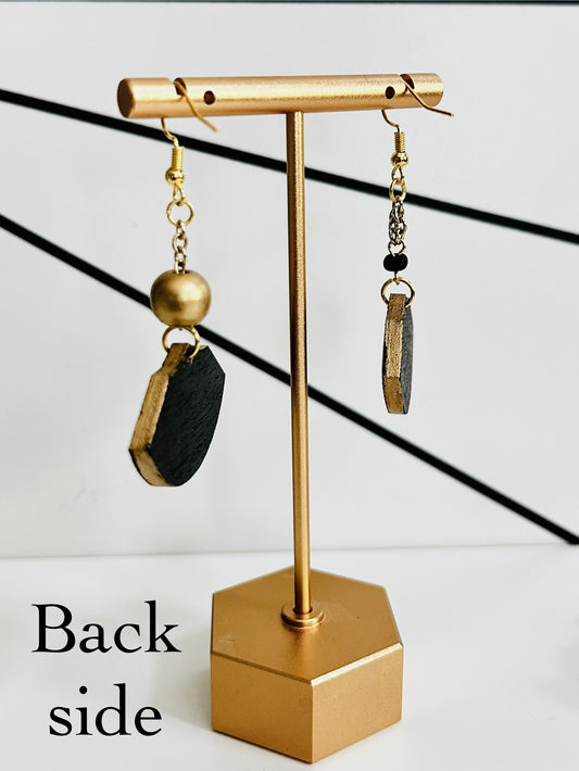Daring Damask Detail Wood Earrings Earrings by Carl & Lyn left side back side black and gold on earring stand