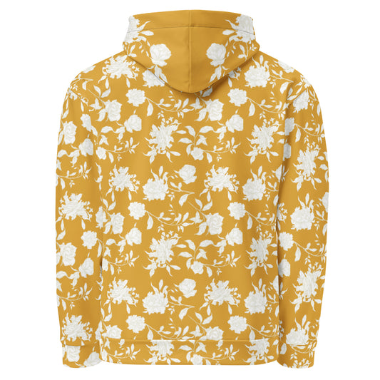 Back of Yellow hoodie with white floral pattern 