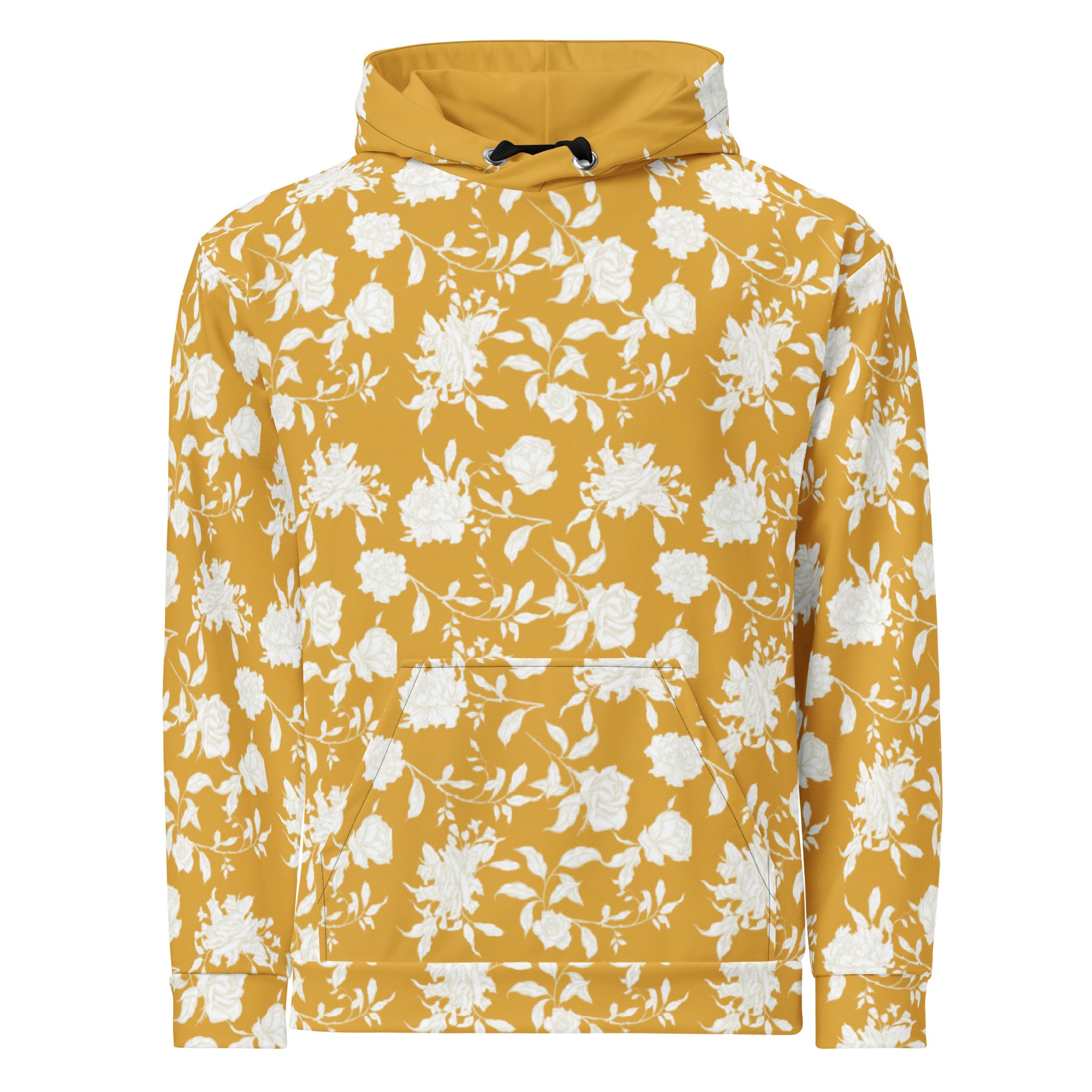 Front of Yellow hoodie with white floral pattern 