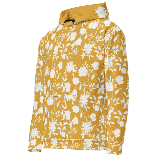 Front left of Yellow hoodie with white floral pattern 