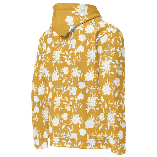 Back right of Yellow hoodie with white floral pattern