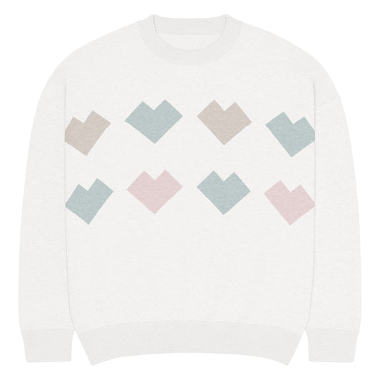 Front of White sweater with geometric heart shape pattern in pastel colors