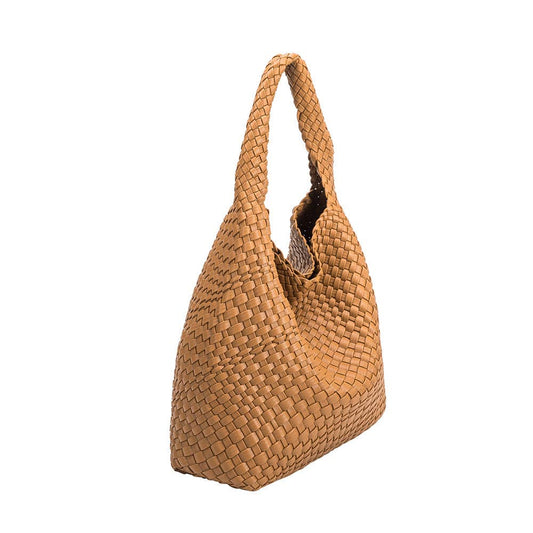 Johanna Camel Large Recycled Vegan Shoulder Bag by Melie Bianco front right exterior bag only