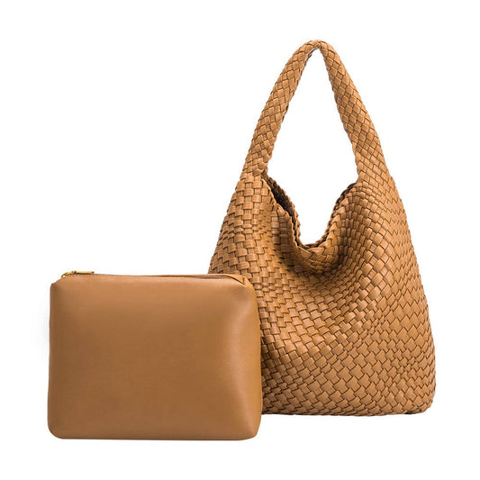 Johanna Camel Large Recycled Vegan Shoulder Bag by Melie Bianco front back and internal removable zipper bag shown on left