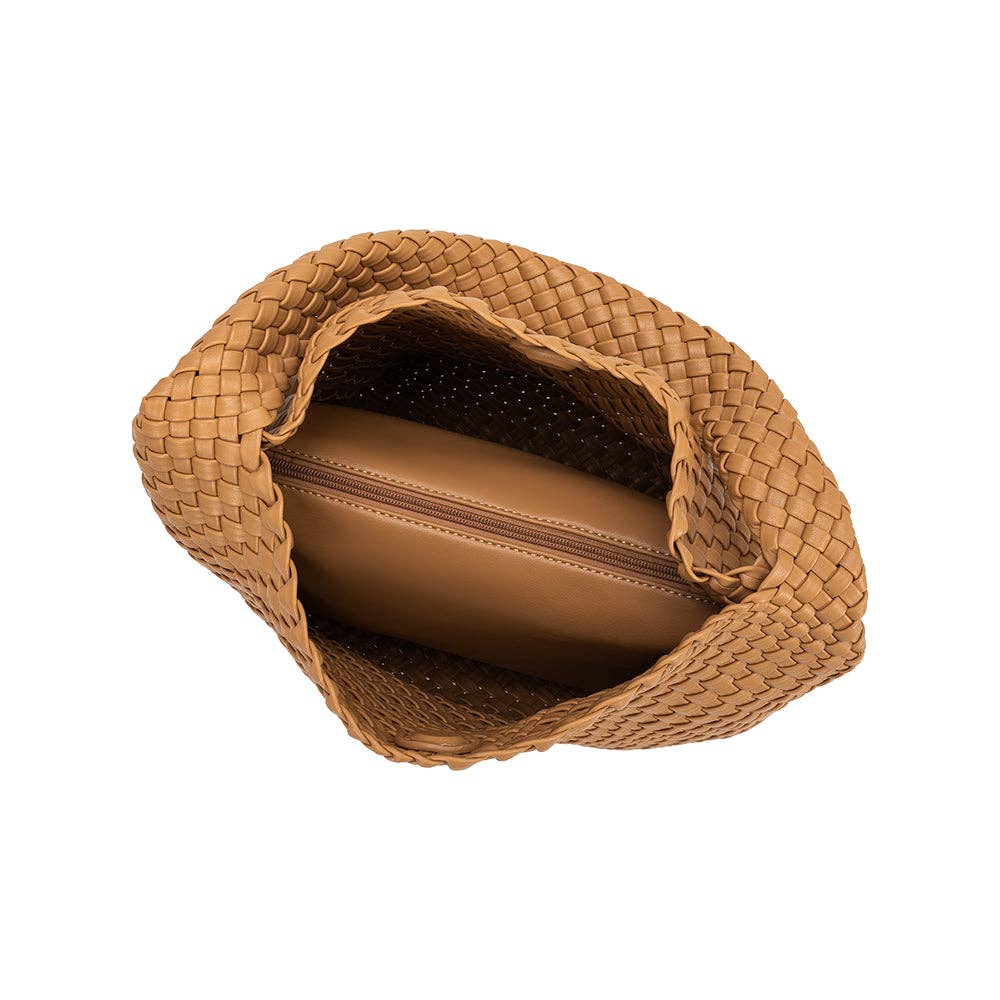 Johanna Camel Large Recycled Vegan Shoulder Bag by Melie Bianco top down view peeking at removable internal zipper bag