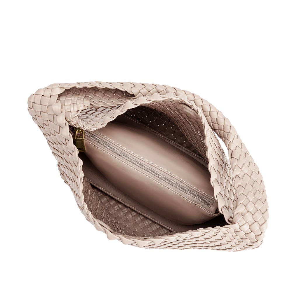 Johanna Ivory Large Recycled Vegan Shoulder Bag by Melie Bianco top down with removable zippered bag showing internally