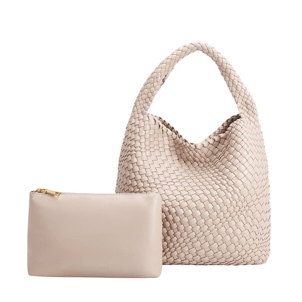 Johanna Ivory Large Recycled Vegan Shoulder Bag by Melie Bianco front view of external bag and removable interior zippered bag