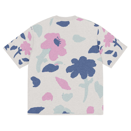 Back of knitted tee with colorful floral pattern that is short-sleeved