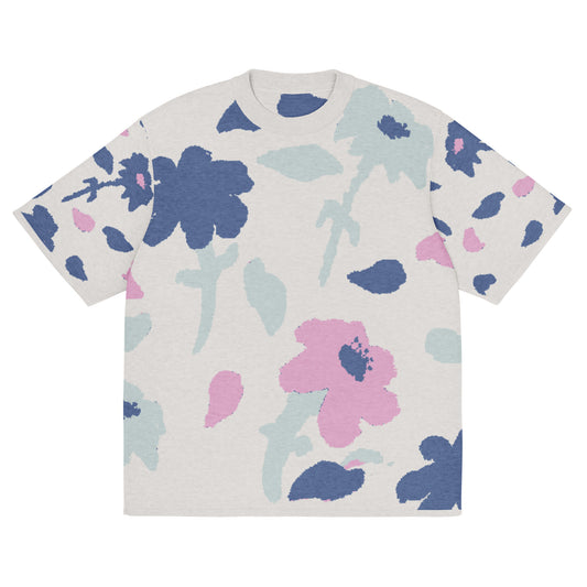 Front of Knitted tee that is short-sleeved with colorful floral pattern 
