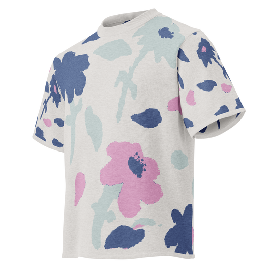 Front left of Off-White t-shirt with blues and lilac floral pattern 