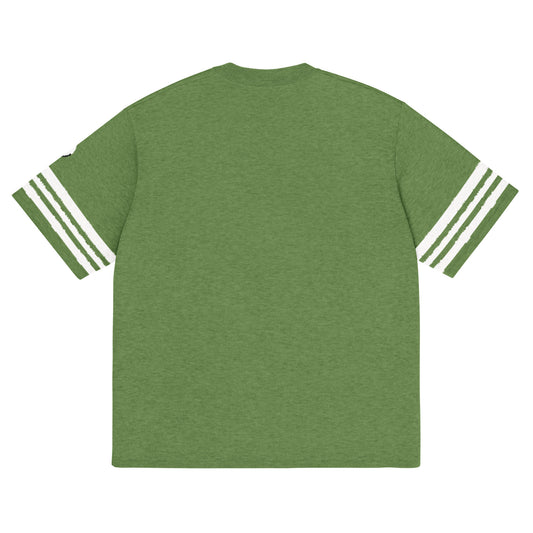 Back of Green t-shirt with white paint-like stripes on sleeves 