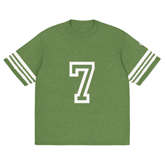 Front of Green t-shirt with number 7 in white and white paint-like stripes on sleeves, Carl & Lyn logo on left sleeve