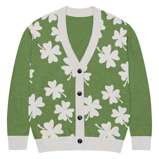 Front of Knitted distressed Green cardigan with white four-leaf clover pattern on a white background