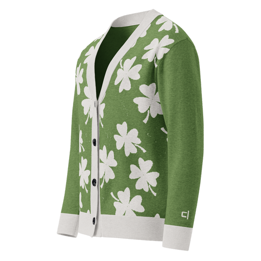 Front left of Green cardigan with white four-leaf clover pattern and "CL" logo on left sleeve in white