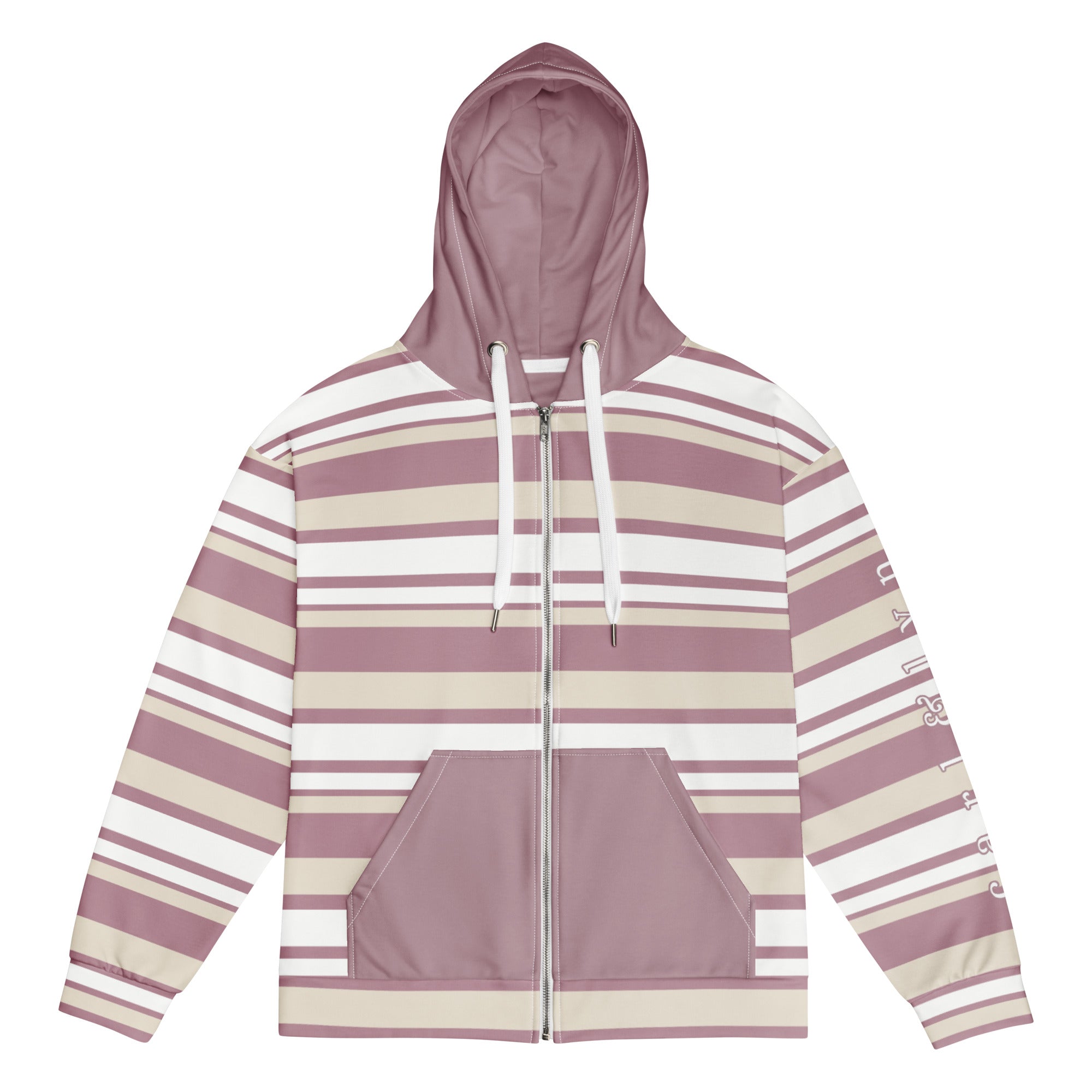 Front of Striped hoodie with a mix of pink, beige, and white with pockets and white metal zipper