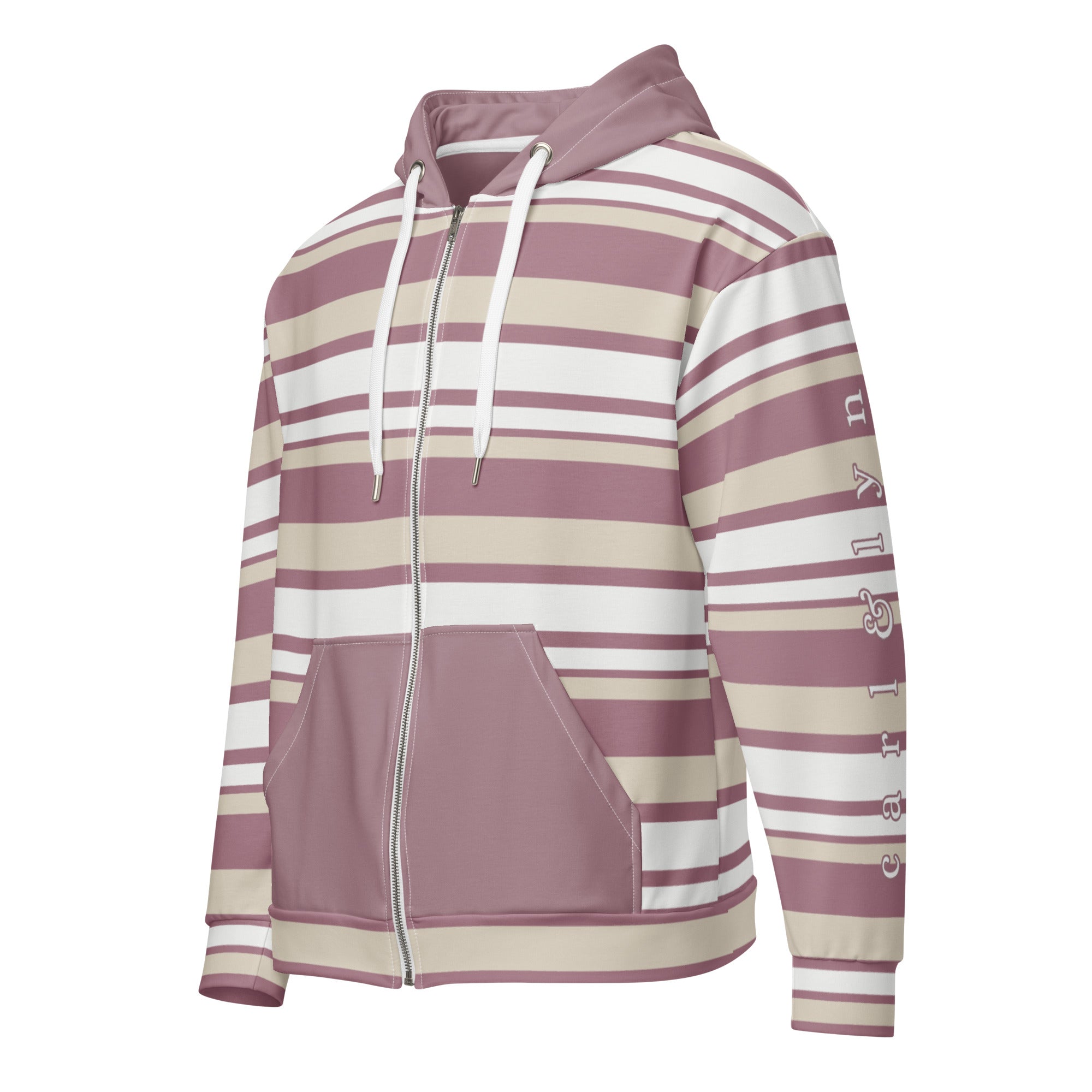Front left of Striped hoodie with white metal zipper closed and pockets. Has brand logo text in white with a pink outline "carl & lyn" on left sleeve. 