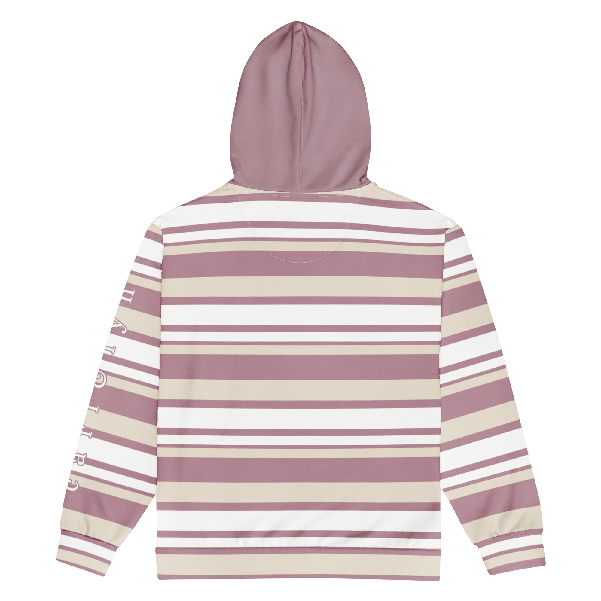 Back of Striped hoodie with a solid hood and white text with pink outline on left sleeve "carl & lyn"