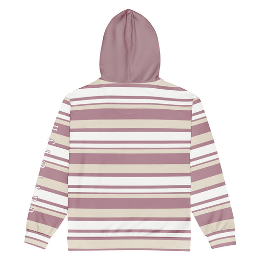 Back of Striped hoodie with a solid hood and white text with pink outline on left sleeve "carl & lyn"
