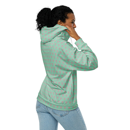 Right back of Woman wearing a green hoodie with a pink bow pattern 