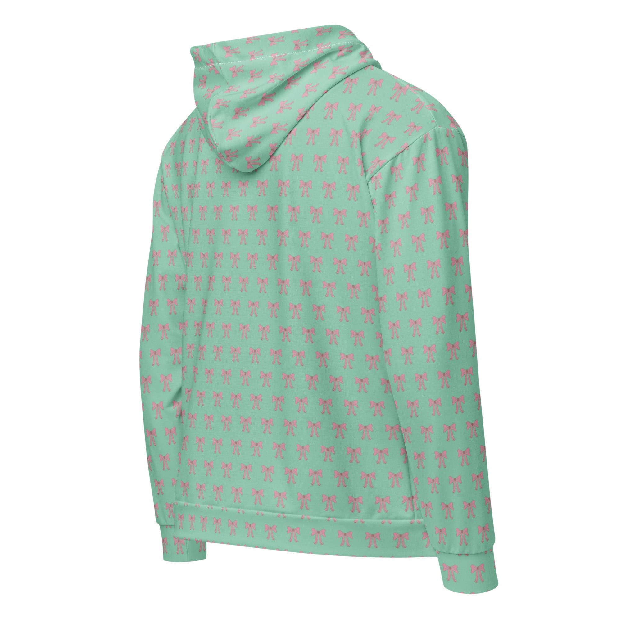 Back right of green hoodie with pink bow patterns 