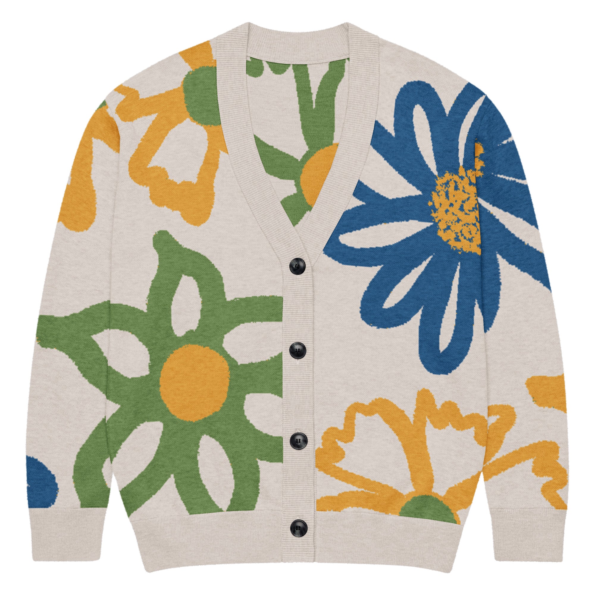 Front of off-white cardigan with colorful floral patterns, buttoned up