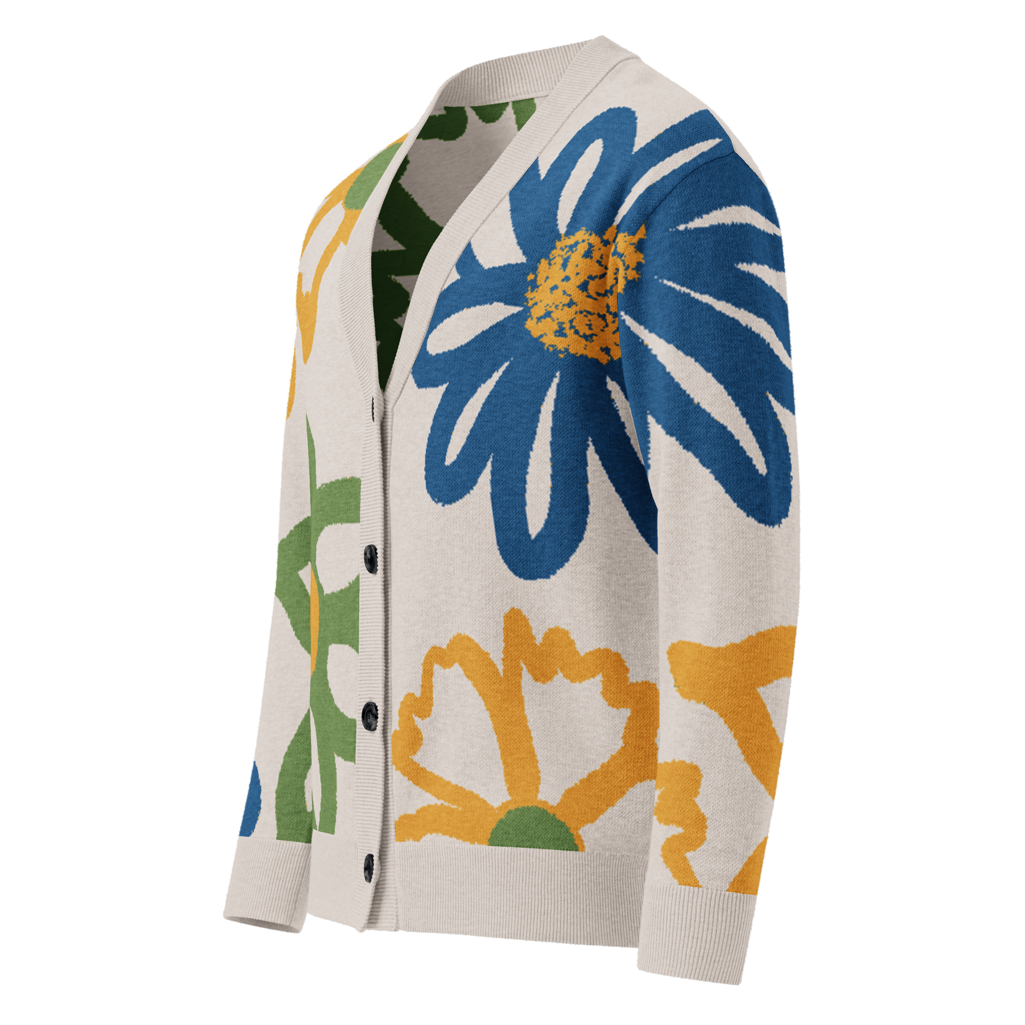 Front left of off-white Cardigan with colorful floral pattern that is buttoned up