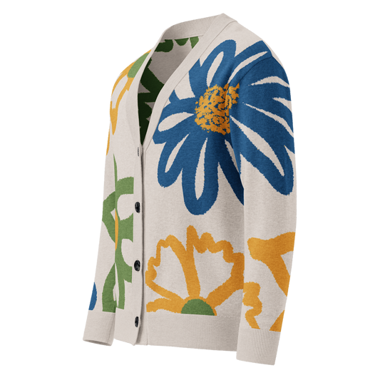 Front left of off-white Cardigan with colorful floral pattern that is buttoned up