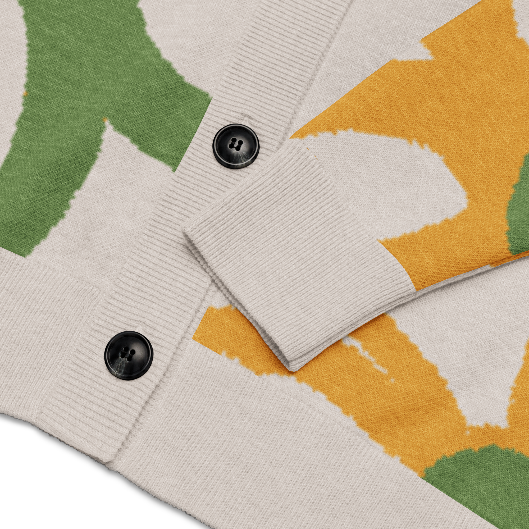 Bottom front Close-up of a off-white cardigan with button closure and and multicolor floral pattern