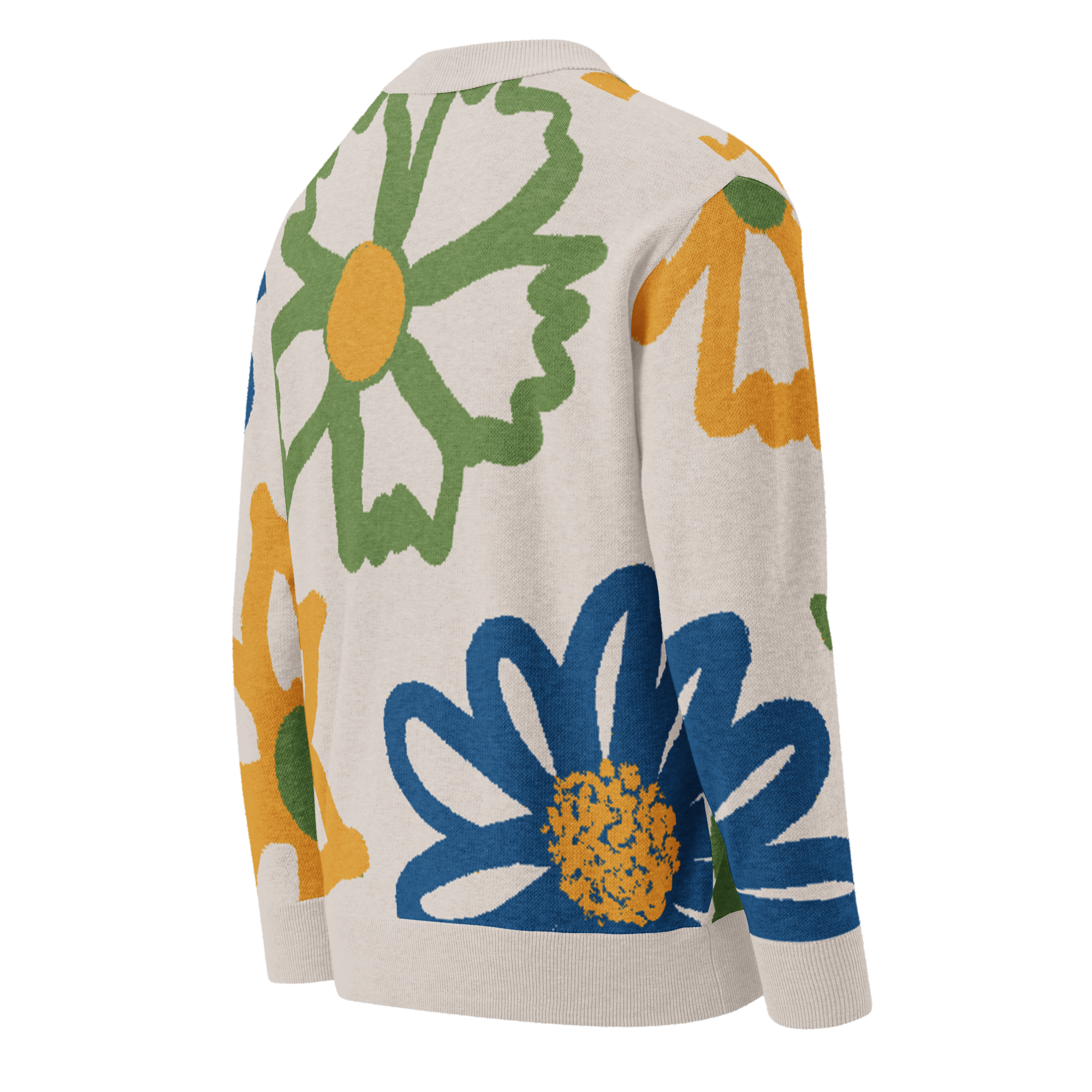 Back left of off-white cardigan with colorful floral patterns 