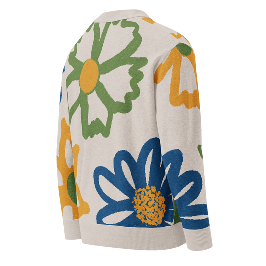 Back left of off-white cardigan with colorful floral patterns 
