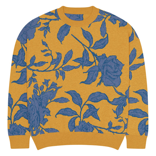 Front of Knitted Yellow sweater with blue floral pattern 